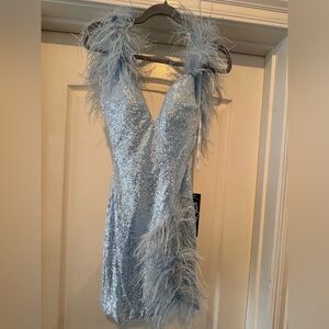 NWT Jovani Sz 00 Sparkling Feather Trim Powder Blue Mini Dress
